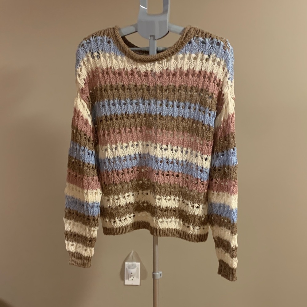 Dex Women's Crochet Striped Sweater in Brown, Blue, and Cream Size XL